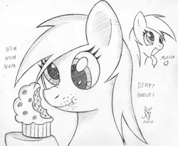Size: 550x451 | Tagged: safe, artist:srmario, derpibooru import, derpy hooves, pegasus, pony, drool, duo, eating, eyelashes, female, food, grayscale, image, lineart, mare, monochrome, muffin, nom, png, smiling, that pony sure does love muffins, tongue out, traditional art