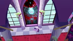 Size: 1280x720 | Tagged: safe, screencap, king sombra, twilight sparkle, pony, unicorn, the crystal empire, bad end, crystal heart, curled up, eyes closed, fear, floppy ears, illusion, image, png, prone, sad, sobbing, solo, stained glass, unicorn twilight