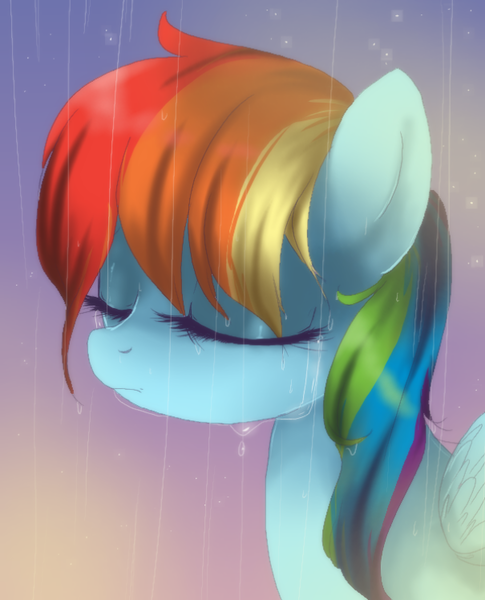 Size: 605x748 | Tagged: dead source, safe, artist:loyaldis, derpibooru import, rainbow dash, pegasus, pony, crying, eyes closed, female, rain, sad, solo