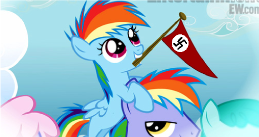 Size: 511x271 | Tagged: derpibooru import, edit, edited screencap, flag, games ponies play, nazi, rainbow blaze, rainbow dash, safe, screencap, swastika, the cutie mark chronicles