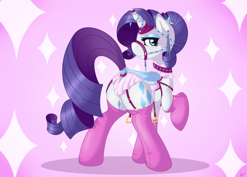 Size: 4185x3000 | Tagged: suggestive, alternate version, artist:ratofdrawn, derpibooru import, rarity, pony, unicorn, bridle, clothes, female, lingerie, mare, plot, saddle, solo, stockings