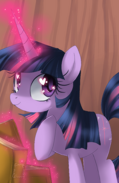 Size: 480x737 | Tagged: dead source, safe, artist:loyaldis, derpibooru import, twilight sparkle, pony, unicorn, book, cute, female, heart eyes, magic, mare, solo, twiabetes, unicorn twilight, wingding eyes