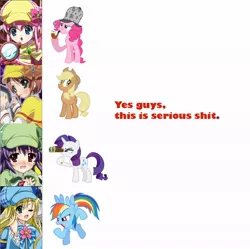 Size: 960x958 | Tagged: safe, derpibooru import, applejack, pinkie pie, rainbow dash, rarity, earth pony, pegasus, pony, unicorn, anime, bushiroad, exploitable meme, meme, opinion, same voice actor, tantei opera milky holmes, vulgar