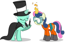 Size: 4331x2589 | Tagged: artist:mrflabbergasted, bon bon, bon bon is not amused, cape, clothes, derpibooru import, fire, goggles, hat, lyra heartstrings, magic, safe, simple background, sweetie drops, top hat, transparent background, wand