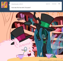 Size: 650x624 | Tagged: artist:mixermike622, bowtie, classy, derpibooru import, eyes closed, hat, hmm yes, indeed, indubitably, monocle, oc, oc:fluffle puff, queen chrysalis, quite, safe, tea, top hat, tumblr:ask fluffle puff