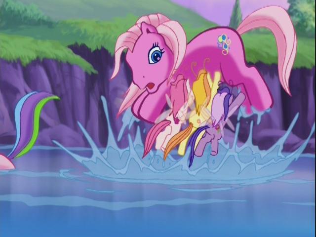 Size: 640x480 | Tagged: breezie, carrying, derpibooru import, g3, pinkie pie, pinkie pie (g3), rarity (g3), rescue, river, safe, the runaway rainbow, tiddlywink, tra-la-la, water, waterfall, zipzee