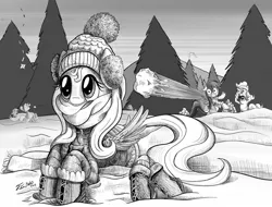 Size: 1500x1142 | Tagged: artist:tsitra360, boots, clothes, derpibooru import, earmuffs, fluttershy, hat, monochrome, pinkie pie, rainbow dash, safe, scarf, snow, snowball, snowball fight, this will end in tears, throwing things at fluttershy, unaware, winter