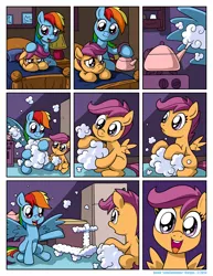 Size: 1276x1650 | Tagged: safe, artist:latecustomer, derpibooru import, rainbow dash, scootaloo, pegasus, pony, bed, cloud, comic, cute, cutealoo, dreams and reality, duo, female, filly, happy, kettle, mare, sad, scootaloo can't fly, scootalove, scooter, steam