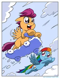 Size: 1276x1650 | Tagged: safe, artist:latecustomer, derpibooru import, rainbow dash, scootaloo, pegasus, pony, cloud, cloudy, comic, dreams and reality, female, filly, flying, good end, mare, open mouth, riding, scootaloo can fly, scootaloo can't fly, scootalove, scooter, smiling