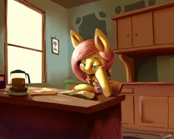 Size: 1280x1024 | Tagged: artist:swomswom, book, cabinet, coffee, coffee machine, derpibooru import, fluttershy, interior, kitchen, reading, safe, solo