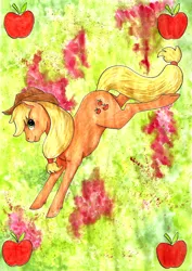 Size: 1634x2306 | Tagged: abstract background, applejack, artist:raevenilonka, bucking, cutie mark, derpibooru import, safe, solo, traditional art