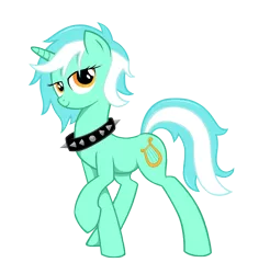 Size: 2412x2456 | Tagged: suggestive, artist:shadawg, derpibooru import, lyra heartstrings, pony, unicorn, alternate hairstyle, bedroom eyes, choker, digital art, looking at you, raised hoof, simple background, smiling, solo, spiked choker, transparent background
