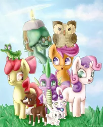 Size: 4404x5424 | Tagged: absurd resolution, angel bunny, apple bloom, artist:1vladislav, cutie mark crusaders, derpibooru import, gummy, just for sidekicks, opalescence, owlowiscious, pets, safe, scootaloo, spike, sweetie belle, tank, winona