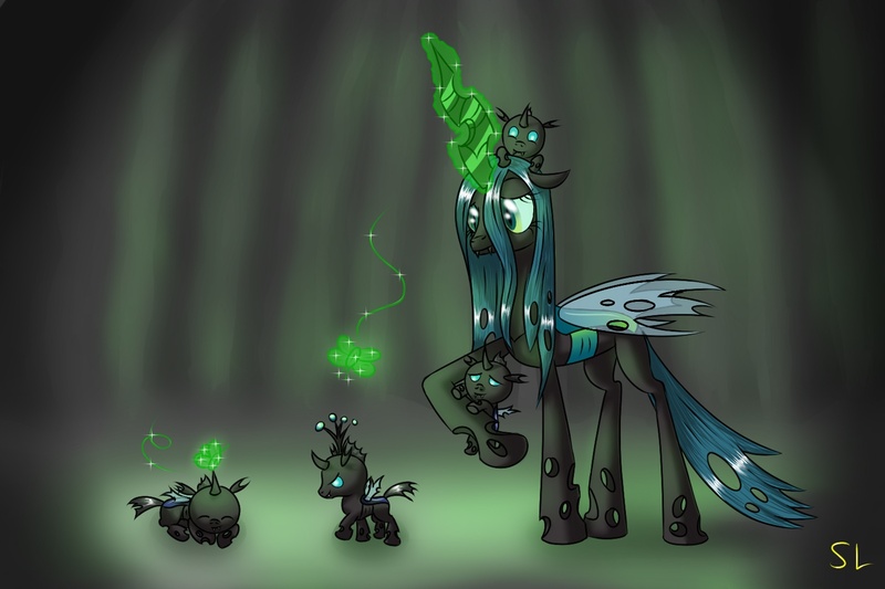 Size: 1500x1000 | Tagged: safe, artist:skorpionletun, derpibooru import, queen chrysalis, changeling, changeling queen, nymph, pony, baby, baby pony, cute, cutealis, cuteling, female, hnnng, mommy chrissy