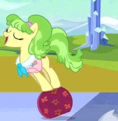 Size: 475x489 | Tagged: animated, chickadee, derpibooru import, games ponies play, ms. peachbottom, safe, spinning, suitcase