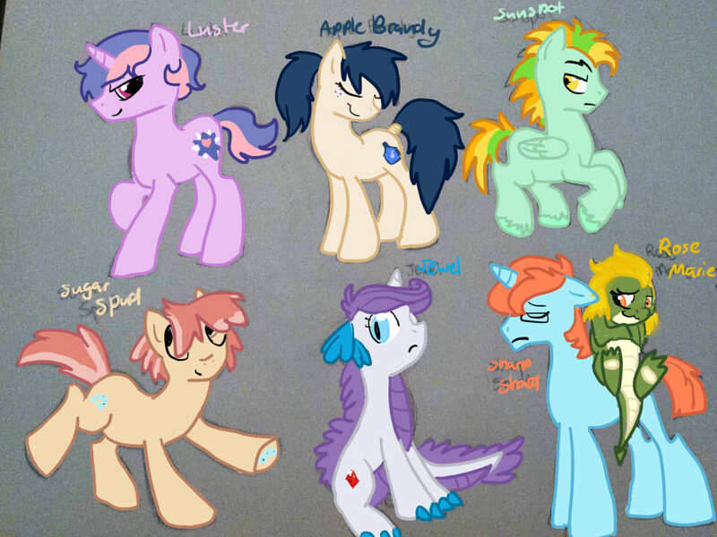 Size: 960x720 | Tagged: artist:headdesk-art, derpibooru import, dracony, hybrid, interspecies offspring, my little pony genesis, oc, oc:apple bourbon, oc:apple brandy, oc:bazzle, oc:bright eyes, oc:gem, oc:glitter, oc:glitter sparkle, oc:glitter surprise, oc:jewel, oc:luster, oc:rose marie, oc:sugar spud, oc:sunspot, oc:sweet potato, offspring, parent:applejack, parent:big macintosh, parent:fluttershy, parent:rainbow dash, parent:rarity, parents:fluttermac, parent:soarin', parent:spike, parent:spitfire, parents:soarinjack, parents:sparity, parents:spitdash, rule 63, safe, unofficial characters only