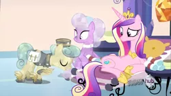 Size: 1440x810 | Tagged: safe, derpibooru import, screencap, cinnabar, dandy brush, golden hooves, princess cadance, quicksilver, alicorn, crystal pony, pony, games ponies play, background pony, bowing, female, mare, messenger, raised eyebrow, saddle bag, spa, winged shoes