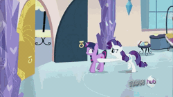 Size: 576x324 | Tagged: animated, butt touch, derpibooru import, games ponies play, hoof on butt, pushing, rarity, rump push, safe, screencap, twilight sparkle