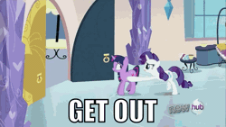 Size: 576x324 | Tagged: animated, butt touch, caption, derpibooru import, edit, edited screencap, games ponies play, get out, hoof on butt, image macro, pushing, rarity, reaction image, rump push, safe, screencap, twilight sparkle