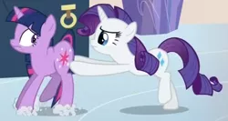 Size: 614x327 | Tagged: safe, derpibooru import, screencap, rarity, twilight sparkle, pony, unicorn, games ponies play, butt touch, female, hoof on butt, mare, pushing, rump push