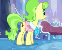 Size: 324x262 | Tagged: safe, derpibooru import, chickadee, ms. peachbottom, earth pony, pony, games ponies play, animated, balancing, couch, crystal empire, prancing, solo, stretching, trotting, trotting in place, worried