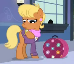 Size: 520x447 | Tagged: safe, derpibooru import, screencap, ms. harshwhinny, earth pony, pony, games ponies play, female, floral print, games inspector, luggage, solo, suitcase, watch