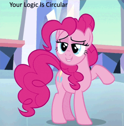 Size: 470x477 | Tagged: animated, derpibooru import, games ponies play, logic, pinkie pie, reaction image, safe, text