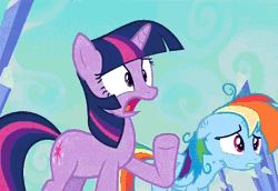 Size: 510x350 | Tagged: animated, caption, derpibooru import, edit, edited screencap, frown, games ponies play, gritted teeth, image macro, messy mane, nazi salute, nein, open mouth, rainbow dash, safe, screencap, text, twilight sparkle, wide eyes