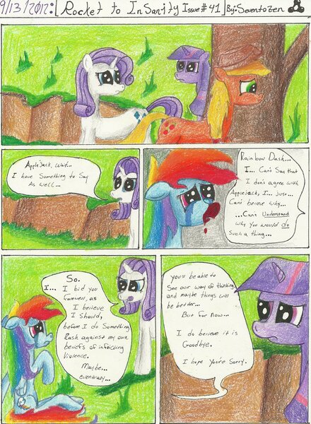 Size: 2368x3232 | Tagged: applejack, artist:seventozen, comic, derpibooru import, fanfic, fanfic art, fanfic:rocket to insanity, rainbow dash, rarity, semi-grimdark, twilight sparkle