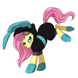 Size: 850x850 | Tagged: safe, artist:noxxplush, derpibooru import, fluttershy, pegasus, pony, badass, bunny ears, clothes, dangerous mission outfit, female, flutterbadass, goggles, hoodie, kick, mare, simple background, solo, transparent background