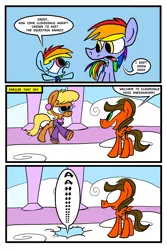 Size: 2362x3543 | Tagged: safe, artist:joeywaggoner, derpibooru import, ms. harshwhinny, rainbow blaze, rainbow dash, earth pony, pegasus, pony, games ponies play, cloudsdale, comic, falling through clouds, filly, fridge logic, misspelling, watch that first step it's a lulu