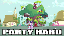 Size: 600x337 | Tagged: animated, bouncing, building, caption, derpibooru import, games ponies play, golden oaks library, image macro, library, party hard, saddle bag, safe, twilight sparkle