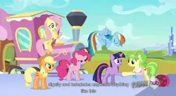 Size: 850x466 | Tagged: applejack, chickadee, derpibooru import, fluttershy, friendship express, games ponies play, hub logo, ms. peachbottom, pinkie pie, rainbow dash, safe, screencap, twilight sparkle, youtube caption