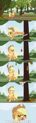 Size: 640x2175 | Tagged: artist needed, safe, derpibooru import, applejack, sweetie belle, earth pony, pony, applebucking, comic, female, implied pooping, mare, poop, pun, scrunchy face, show accurate, sweetiepoo