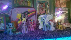 Size: 900x505 | Tagged: safe, artist:idlehandsblog, derpibooru import, official, angel bunny, pinkie pie, princess luna, rainbow dash, rarity, spike, sunset shimmer, twilight sparkle, twilight sparkle (alicorn), alicorn, pony, unicorn, brushable, female, first sunset shimmer picture, mare, toy, twiface, unicorn twilight