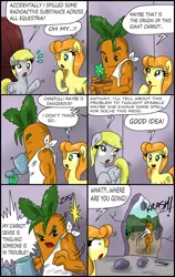 Size: 1959x3090 | Tagged: safe, artist:ciriliko, derpibooru import, carrot top, derpy hooves, golden harvest, pegasus, pony, carrot, comic, creeper, female, food, mare, zas