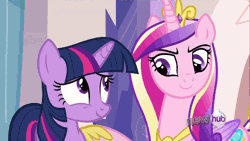 Size: 680x383 | Tagged: safe, derpibooru import, princess cadance, twilight sparkle, alicorn, unicorn, games ponies play, adolf hitler, animated, eyes closed, frown, hub logo, majestic, majestic as fuck, nazi, nazi salute, raised eyebrow, salute, sieg heil, smiling, we are going to heil, what a twist, wink