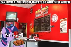 Size: 625x416 | Tagged: safe, derpibooru import, twilight sparkle, twilight sparkle (alicorn), alicorn, pony, alicorn drama, brony tears, female, image macro, mare, ponies in real life, pun, restaurant, twiface, wings