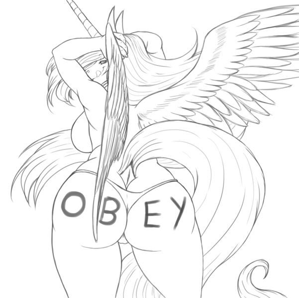 Size: 3503x3500 | Tagged: anthro, artist:omnoproxyl337, big breasts, breasts, cameltoe, derpibooru import, obey, plot, princess celestia, questionable, sideboob, solo female, thong