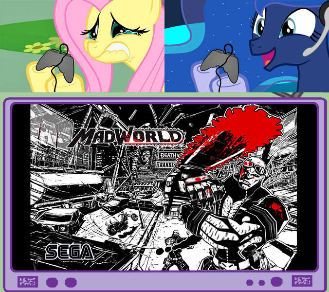 Size: 1126x1000 | Tagged: derpibooru import, exploitable meme, fluttercry, fluttershy, gamer luna, gamer meme, gamershy, madworld, meme, obligatory pony, princess luna, safe, tv meme