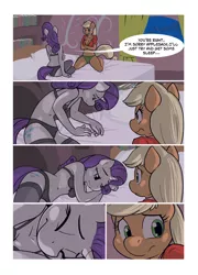 Size: 613x850 | Tagged: safe, artist:ajin, derpibooru import, applejack, rarity, anthro, earth pony, unguligrade anthro, unicorn, comic:lust before you sleep, applesack, belly button, black underwear, bra, breasts, busty applejack, busty rarity, charity, cleavage, clothes, comic, crossed arms, eyes closed, female, hoofbeat, lesbian, lying down, midriff, panties, rarijack, shipping, underwear