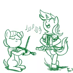 Size: 800x800 | Tagged: safe, artist:aa, derpibooru import, lyra heartstrings, oc, deer, original species, pony, unicorn, celtic, comic, cover, dancing, doe, duo, fiddle, irish, issue 4 cover, lyrish, monochrome, music notes, simple background, white background
