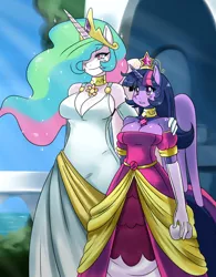 Size: 1406x1804 | Tagged: anthro, artist:ss2sonic, ascension enhancement, breasts, busty princess celestia, busty twilight sparkle, cleavage, derpibooru import, female, princess celestia, safe, twilight sparkle, twilight sparkle (alicorn)