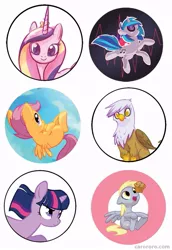 Size: 549x800 | Tagged: safe, artist:naroclie, derpibooru import, derpy hooves, gilda, princess cadance, scootaloo, twilight sparkle, vinyl scratch, gryphon, pegasus, pony, button, cute, cutealoo, derpabetes, female, gildadorable, mare, muffin, vinylbetes