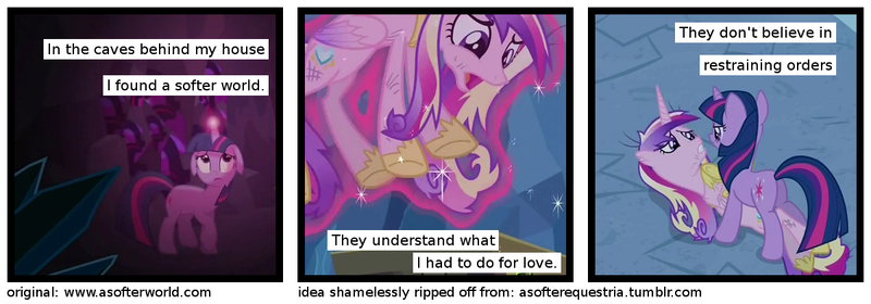 Size: 1200x420 | Tagged: semi-grimdark, suggestive, derpibooru import, edit, edited screencap, screencap, princess cadance, twilight sparkle, alicorn, pony, unicorn, a canterlot wedding, a softer world, butt, comic, female, implied rape, lesbian, mare, plot, screencap comic, shipping, twidance