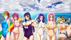 Size: 1920x1080 | Tagged: applebucking thighs, applejack, armpits, artist:rammbrony, beach, belly button, big breasts, bikini, breast envy, breasts, busty applejack, busty fluttershy, busty pinkie pie, busty rarity, busty twilight sparkle, clothes, delicious flat chest, derpibooru import, edit, female, females only, fluttershy, huge breasts, hug request, human, humanized, mane six, one-piece swimsuit, pinkie pie, rainbow dash, rainbow flat, rarity, school swimsuit, small breasts, suggestive, swimsuit, twilight sparkle, wallpaper, wallpaper for the fearless