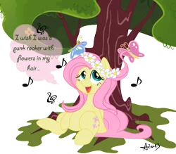 Size: 1000x877 | Tagged: safe, artist:arnachy, derpibooru import, fluttershy, butterfly, pony, animal, floral head wreath, flower, i wish i was a punk rocker, mane styling, music notes, relaxing, sandi thom, simple background, singing, sitting, solo, song, song reference, speech bubble, transparent background, tree, under the tree, wreath