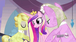 Size: 680x383 | Tagged: safe, derpibooru import, golden glitter, lilac luster, princess cadance, alicorn, crystal pony, pony, games ponies play, animated, background pony, crown, female, hat pop, mare, spa pony, surprised