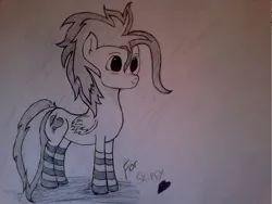 Size: 802x602 | Tagged: safe, artist:thunderstreek, derpibooru import, oc, oc:sweet strokes, unofficial characters only, pegasus, pony, clothes, cute, male, monochrome, smiling, socks, solo, stallion, striped socks, traditional art