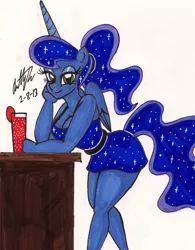 Size: 978x1252 | Tagged: anthro, artist:newyorkx3, bar, breasts, cleavage, clothes, derpibooru import, dress, drink, female, looking at you, princess luna, safe, smiling, solo, traditional art